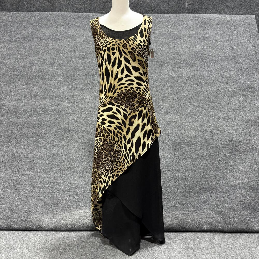 Vintage Joseph Ribkoff Dress Womens 6 Leopard Black Sleeveless Asymmetric Maxi